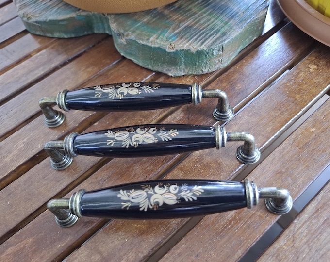 Black Porcelain Cabinet Pulls 96 128mm 3.75" 5" Vintage Matching Porcelain Drawer Pulls  Kitchen Pulls Farmhouse Shabby Chic Pulls
