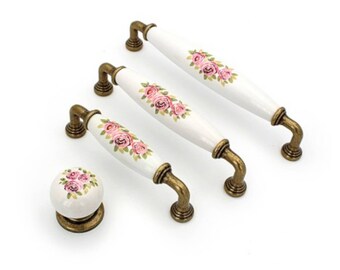 Floral Cabinet Knobs Pulls Vintage Style Matching Knobs and Pulls 96 128 160 3.78" 5" 6.3" Antique Bronze Porcelain Knobs Pulls Handles