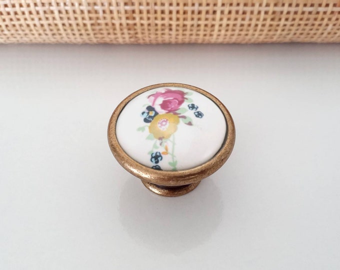 Floral Knobs 35mm Porcelain Knobs, Dresser Knobs, Drawer Knobs, Vintage Knobs, Farmhouse Knobs and Pulls, Rustic Knobs, Antique Copper Knobs