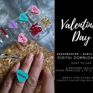May include: A selection of acrylic rings in a clear holder. The rings have heart-shaped designs with phrases such as "XOXO," "HUGS," and "LOVE." One ring on a finger says "BRUH." The image includes the text "Valentine's Day."