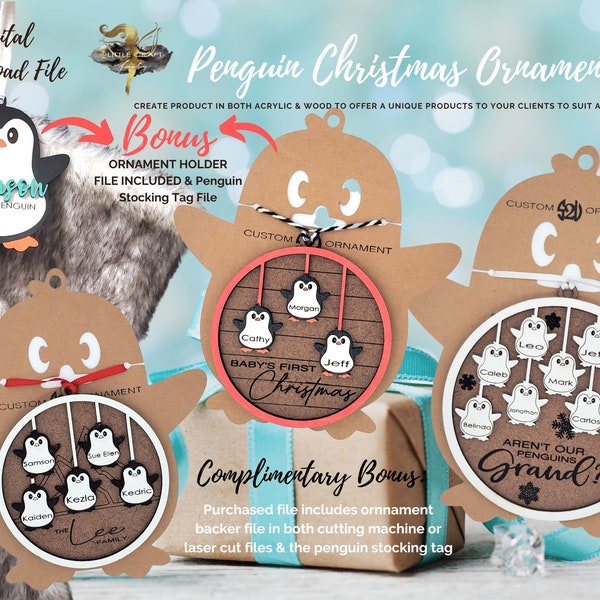 GLOWFORGE Digital Download Custom Penguin Christmas Ornaments 2 to 10 people