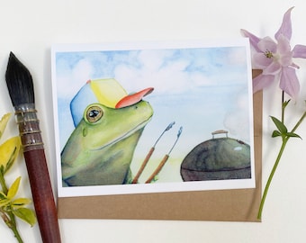 Carte de la fête des pères - « Grill Master », Jolie carte de vœux Grenouille, Brogna Arts, Carte de vœux Aquarelle des Beaux-Arts