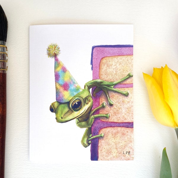 Cute Birthday Frog Card- “Cake Destroyer”, Brogna Arts Fine Art Watercolor Greeting Card, blank inside