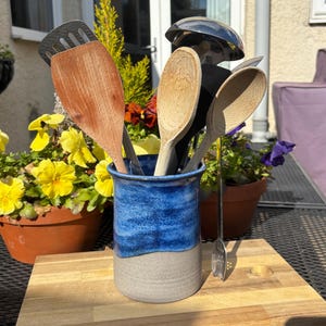 Handmade Ceramic Utensil Jar -  multi purpose pot - Height 15.5cm - blue glaze, grey clay