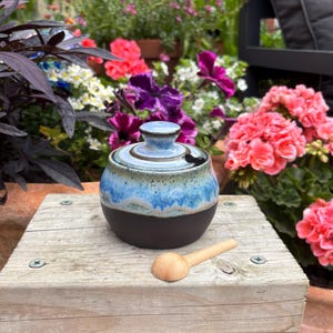 Handmade Black Clay Salt Pot: 230ml Height 8.5cm Blue Glaze, Wooden Spoon