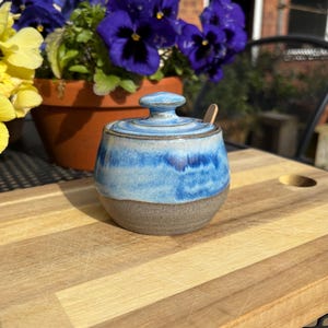 May include: A blue and brown ceramic sugar bowl with a lid and a small wooden spoon. The bowl is round and sits on a wooden surface. A pot of purple flowers is in the background.