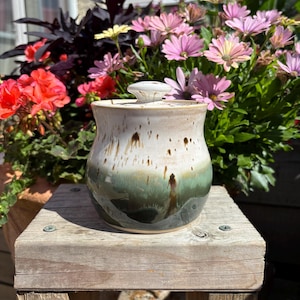 May include: A ceramic jar with a lid featuring a cream-coloured top that transitions into a deep forest green base. The upper portion has brown vertical drip-like markings, and the lid has a small, rounded knob handle on the centre top.