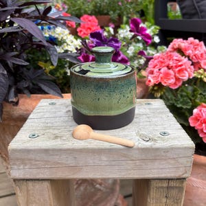 Handmade Ceramic Salt Pot with wooden spoon - 250ml Height 9.25cm - Black clay - green glazes