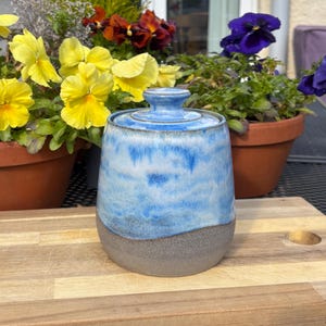 May include: A blue and white glazed ceramic jar with a lid, set on a wooden board. The jar has a grey base and a rounded top. Potted flowers with yellow, red, and purple flowers are in the background, adding a splash of colour.