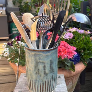 Handmade Ceramic Utensil Jar -  multi purpose pot - Height 17cm - blue glaze