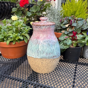 May include: A handmade ceramic jar with a lid. The jar has a speckled tan base, blending into a turquoise and pink glazed body. The lid is pink with a small knob. The jar is shown outside with potted plants in the background.