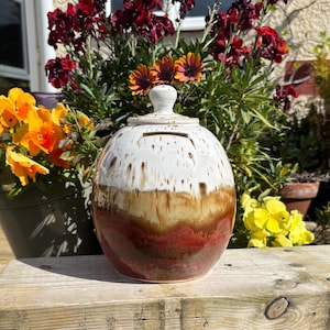 May include: A spherical ceramic money box, predominantly white at the top, fading to brown and red. It features a slot for coins and a lid with a small handle. The background includes vibrant flowers in pots.