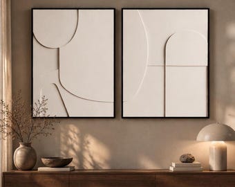 Set of 2 3D Textured Wall Art, Large Framed Relief Paintings, Neutral Abstract Wall Decor for Living Room
