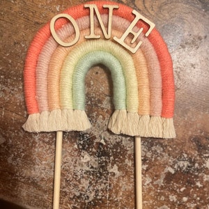 Rainbow Macrame Birthday Cake Topper - With Wooden Numbers