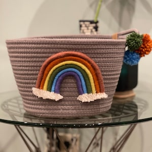Gray Canvas Storage Basket with Rainbow Macrame and Poms