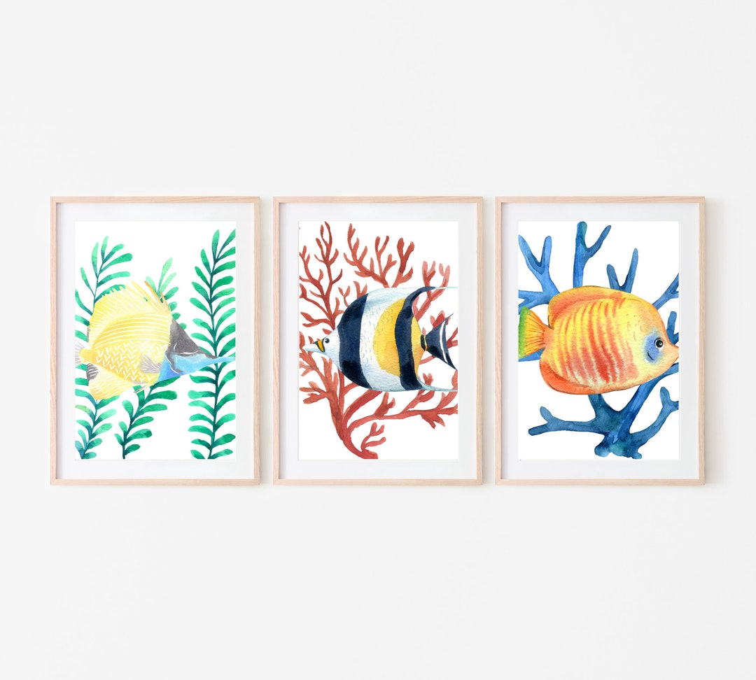 Watercolor Tropical Fish Prints Fish and Coral Prints Bathroom Fish Art