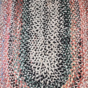 Antique handcrafted large oval braided rag throw rug / cottage home decor