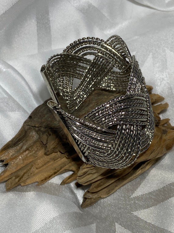vintage costume silvertone braided cuff bracelet - image 2