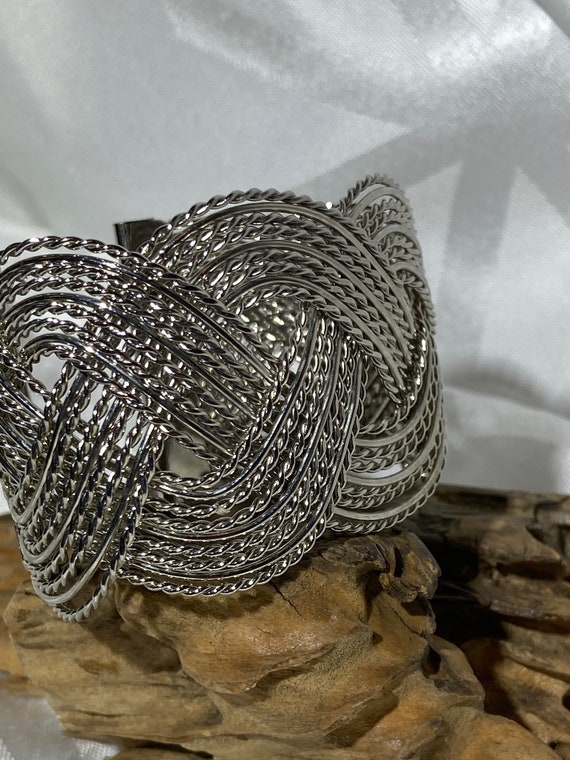 vintage costume silvertone braided cuff bracelet - image 3