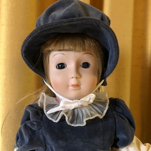 Vintage Porcelain Doll in Victorian Dress with Blonde Hair and Blue Eyes - Great Christmas Gift