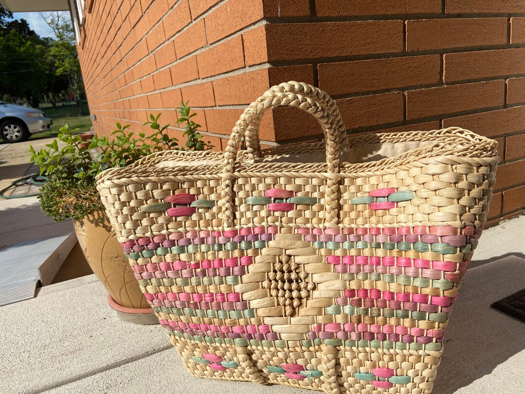 Vintage Colorful Woven Straw Market Bag - Retro Beach Purse - Etsy