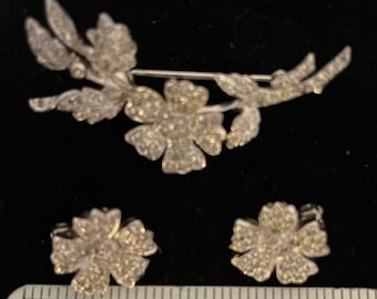 Vintage Polcini Rhinestone Flower Brooch with matching clip on earrings 1950