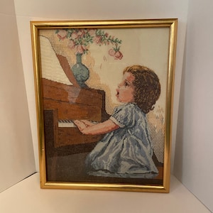 Handmade Vintage Embroidered Artwork in Gold Frame, Cherubic Girl Playing Piano, Housewarming Gift