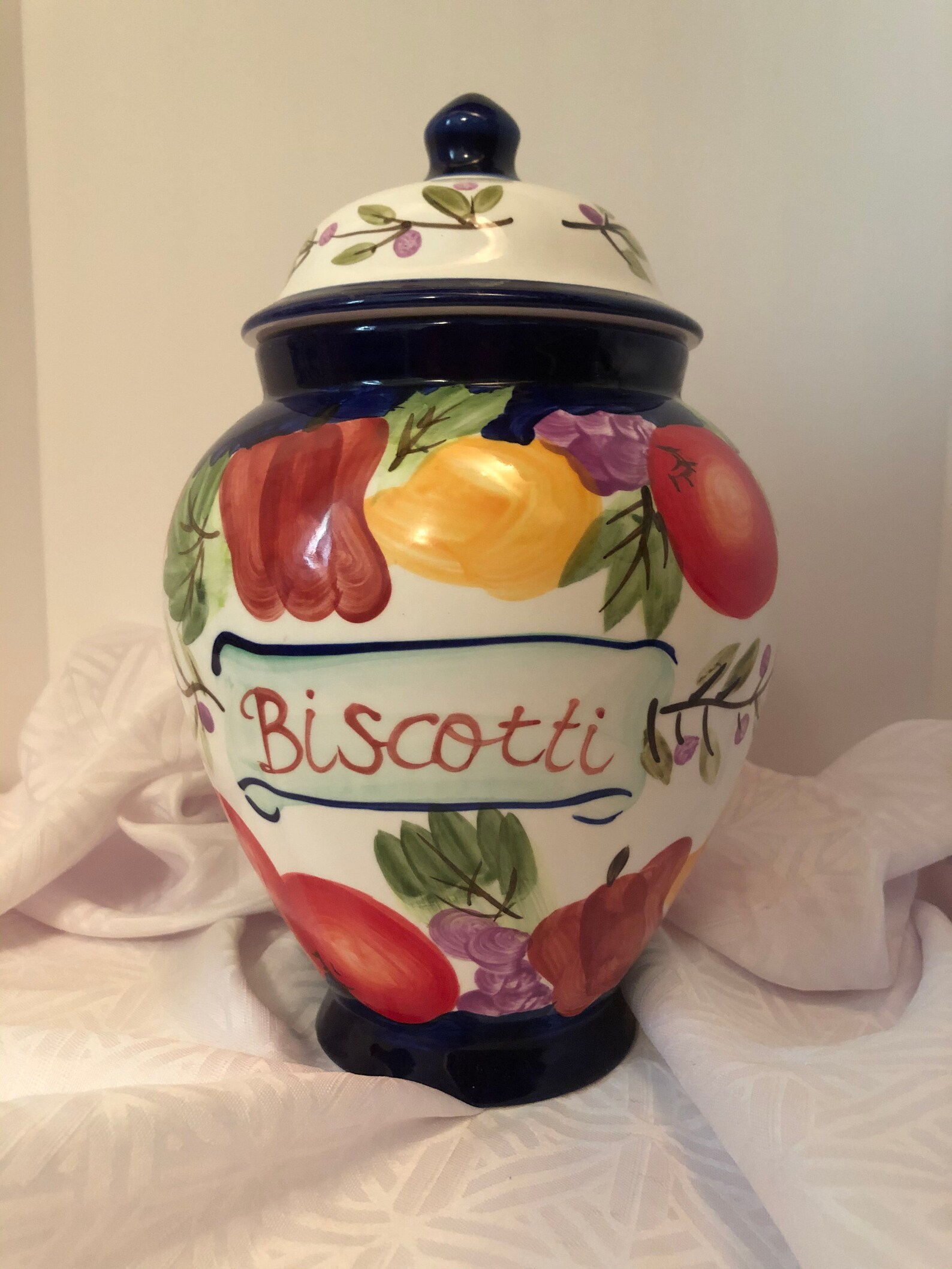 Vintage ceramic fruit design painted biscotti cookie jar / Etsy
