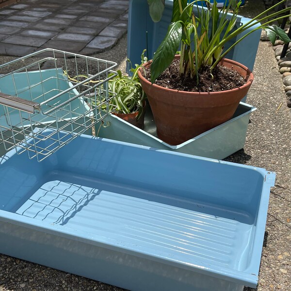 mid century blue porcelain refrigerator crisper drawer/ garden decor/Art/ vintage repurposed plant container