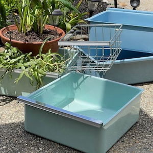 vintage repurposed plant container mid century blue porcelain refrigerator crisper drawer/ garden decor/Art