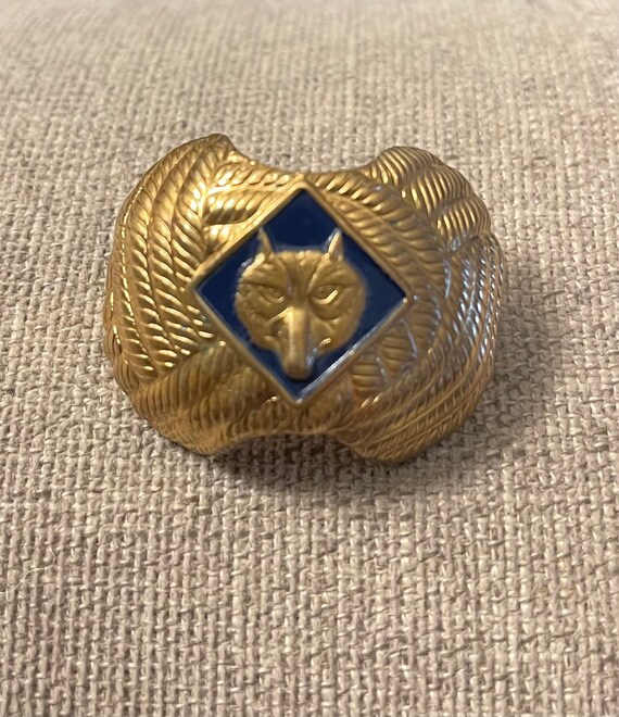 Vintage Cub Scout Brass/Blue Wolf Scarf tie clip slide Gem