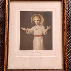 Vintage 1941 Boy Jesus Lithograph: Religious Art with Gold Gilded Frame