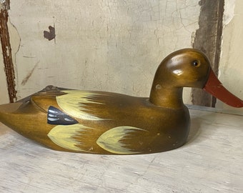 vintage solid wood hand painted mallard duck decoy with glass eyes/ Americana Primitive home decor