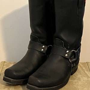 Vintage REV Gear Black Leather Motorcycle Boots | Silver Harness | Square Toe | Unisex Size 95 B | Made in USA | Nearly New