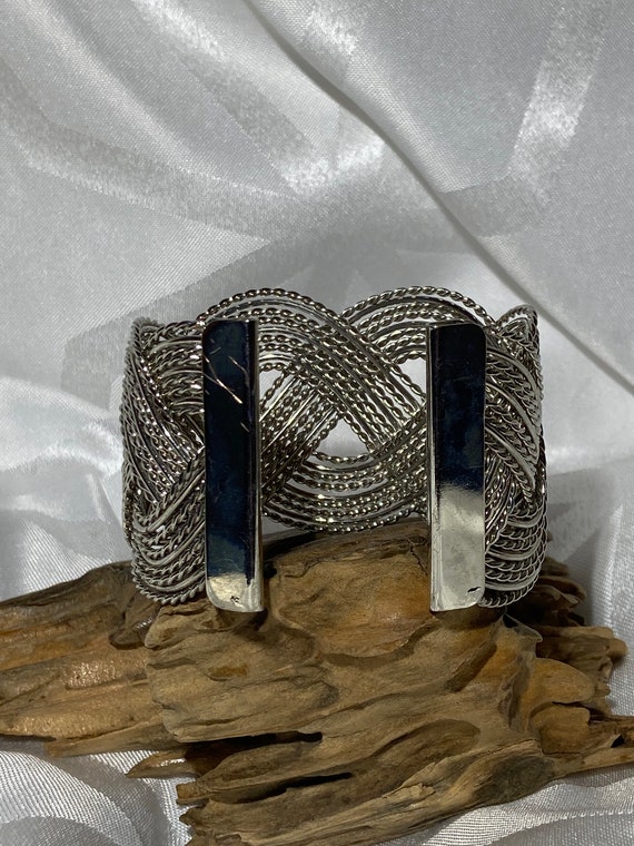 vintage costume silvertone braided cuff bracelet - image 4