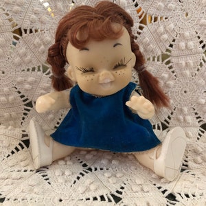 1950s Plastic Baby Doll: Freckled Face, Red Braids, Blue Velour Dress
