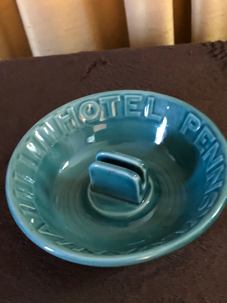 Vintage 1940s Pennsylvania Hotel teal ceramic matches holder ashtray/ match holder/vintage collectible ashtrays image 2