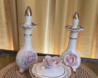 Vintage 3 piece ceramic/porcelain vanity set/1960s