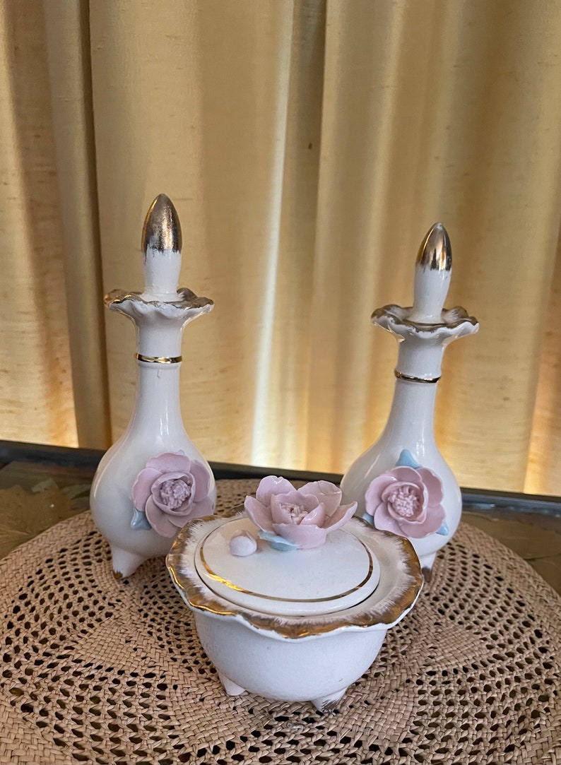 Vintage 3 Piece Ceramic/porcelain Vanity Set/1960s Etsy