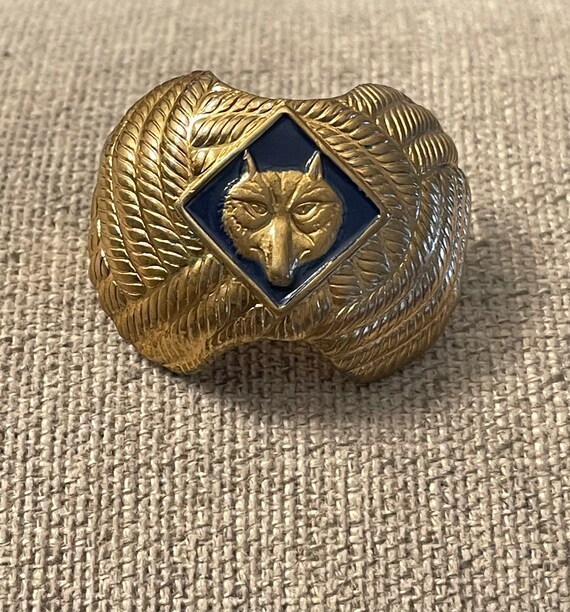 Vintage Cub Scout Brass/Blue Wolf Scarf tie clip slide Gem