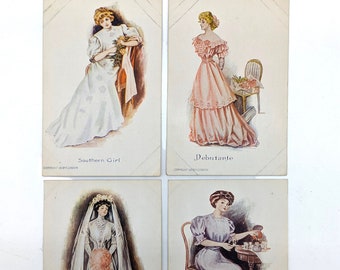 1908 Ladies Fashion, P. Gordon Lot of 4 Orig Vintage Postcards Southern Girl, Debutante, Bride, Afternoon Tea