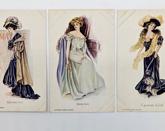 1908 Ladies Fashion P. Gordon Lot of 3 Orig Vintage Postcards Ladies Nightout- Matinee Girl, Opera Girl, Casino Girl