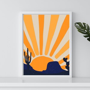 Desert Sunset Cactus and Mountains Indigo Blue and Honeycomb, Desert Wall Art, Desert Sunset Abstract