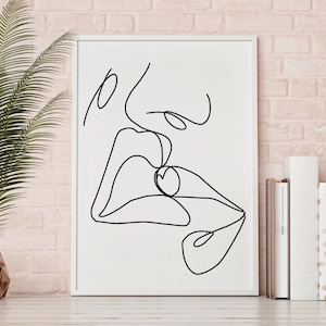 The Kiss, Line Art Lips Kissing, Minimalistic Printable Wall Art, Passionate Symbol of Love