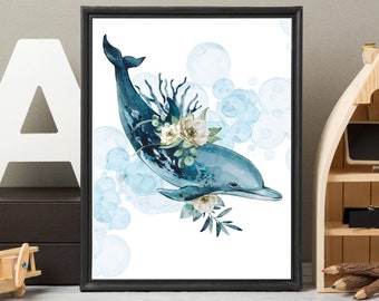 Dolphin Print, Watercolor Dolphin Print, Dolphin Gift, Dolphin With Flowers Wall Art, Dolphin Wall Décor, Printable Wall Art