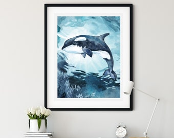 Orca Whale, Orca Whale Print, Watercolor Print, Watercolour Print, Blue Wall Art, Printable Wall Art, Orca Whale Wall Art