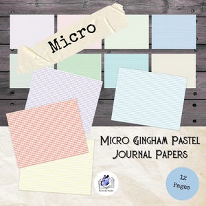 May include: A collection of pastel-colored micro gingham journal papers. The papers are in shades of pink, green, blue, and yellow. The word "Micro" is written on a piece of tape. The text "Micro Gingham Pastel Journal Papers" is also visible.