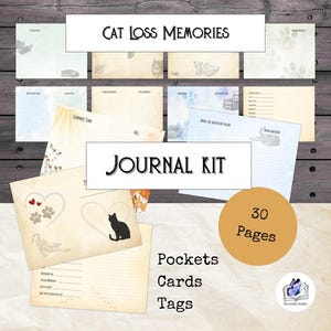 May include: A journal kit with the text "Cat Loss Memories" and "Journal Kit." The kit includes 30 pages, pockets, cards, and tags. The design features cat paw prints, a black cat silhouette, and heart shapes.