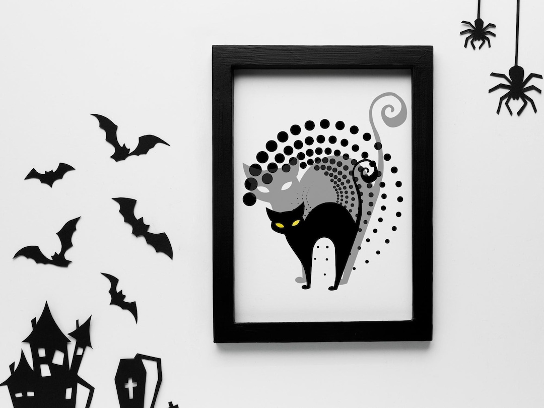 Black Cat Silhouette Black Cat Wall Art Halloween Etsy