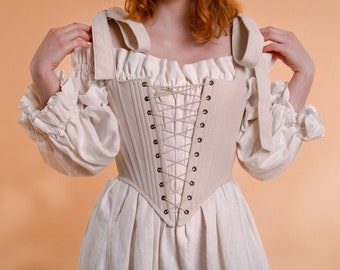 Custom Corset Top with Bow Tie Straps, Renaissance Faire Stays, Back Lacing, Custom Fabric Color | Theodora